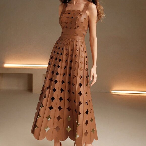 Khaki Elegant Women's Faux Leather Laser Party maxi Dress - Picture 1 of 7